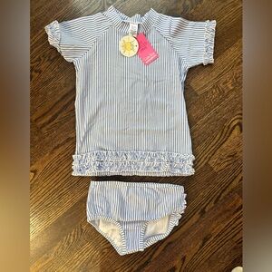 NWT Rufflebutts Rash guard two piece suit- Periwinkle Blue Seersucker